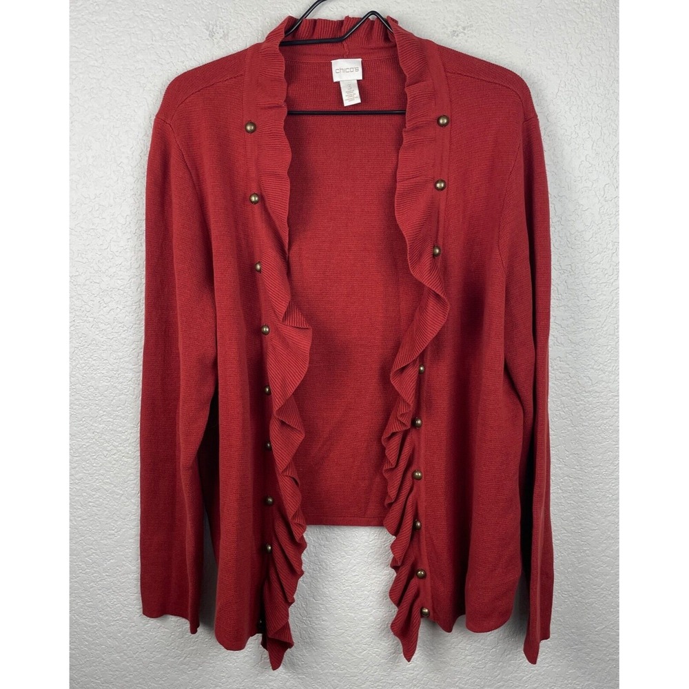 CHICOS Cardigan Sweater Size‎ XL 3 Red Rust Stud Detail Ruffled Open Cotton Boho